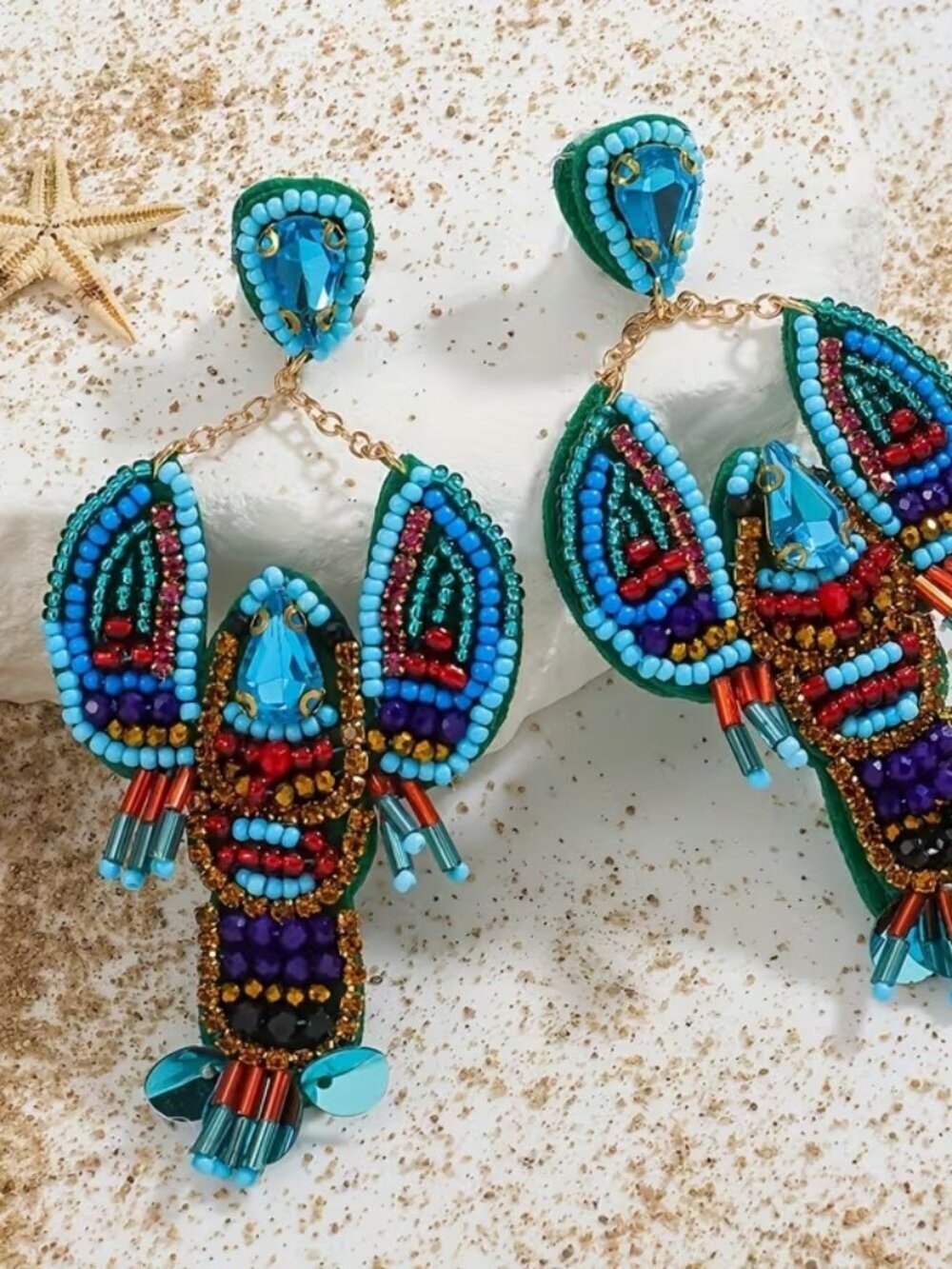 🆕️  BLUE Artisan Hand Made Large Blue Lobster Beaded Earrings NWOT